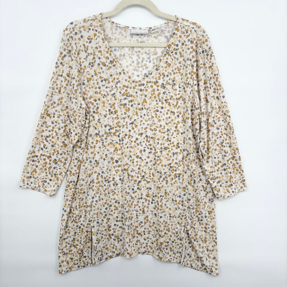 Susan Graver Size L Tunic Liquid Knit Printed Top with Slits Neutral 3/4 Sleeve